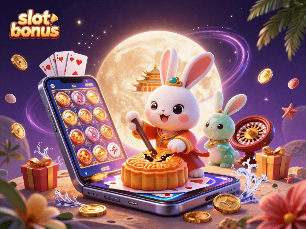 Experience the excitement of slot bonuses with a captivating illustration featuring lunar characters and casino elements.