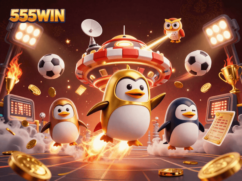 Win big with 555WIN as a golden penguin blasts into a vibrant casino universe!