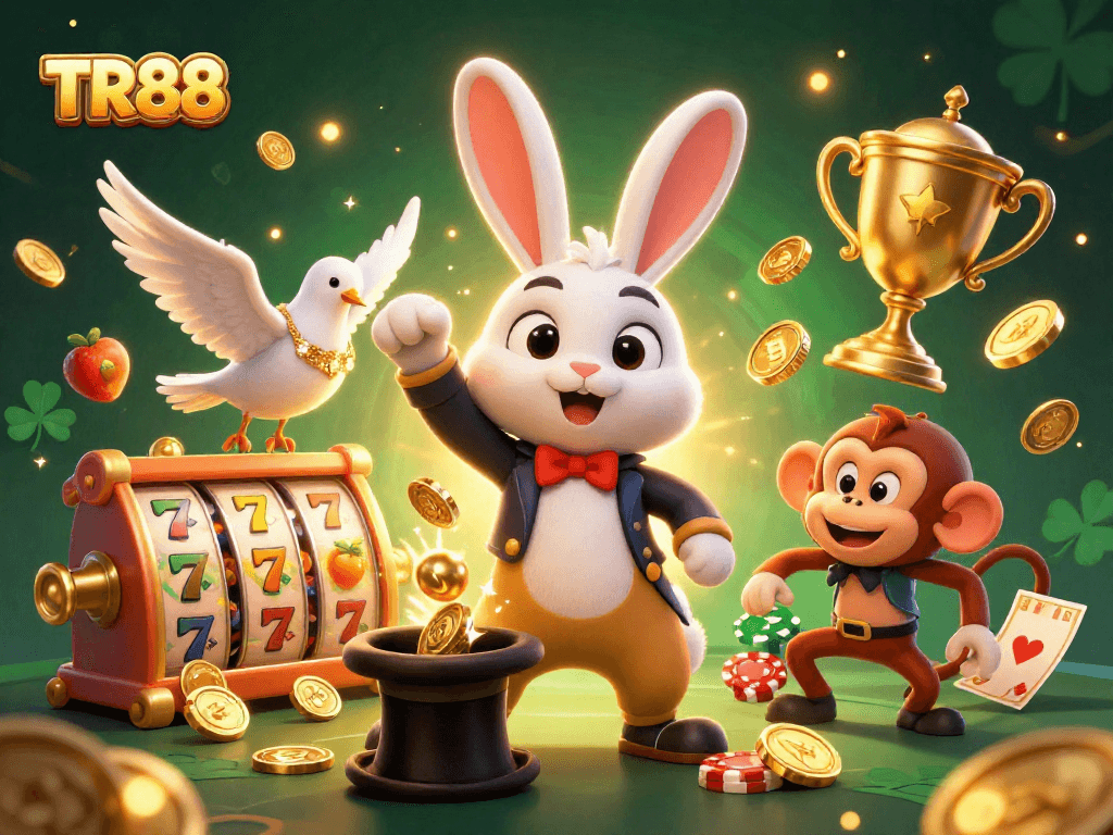Experience thrilling wins at TR88 with a vibrant 3D casino illustration showcasing fun characters.