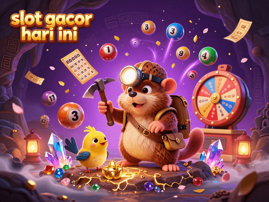 Experience excitement with slot gacor hari ini featuring vibrant lottery balls and a treasure hunter mole in a magical setting.