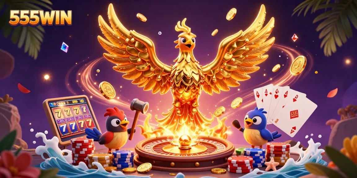 Engage in exciting moments at 555WIN, where a molten gold phoenix ignites luck and fortune.