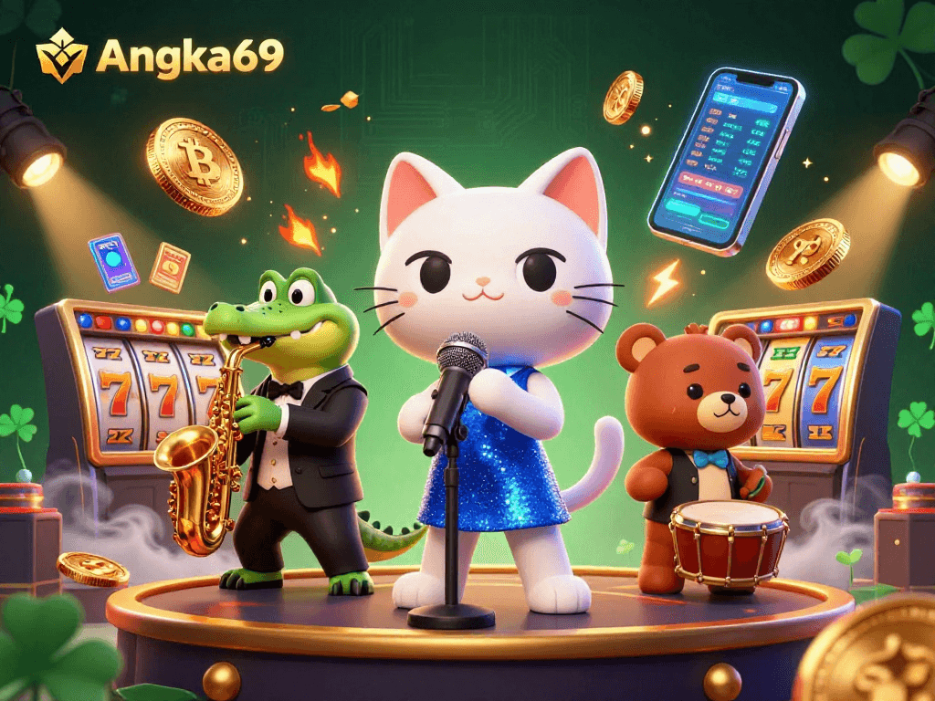 Play slots at Angka69 with a vibrant casino scene featuring a jazz cat and playful characters.