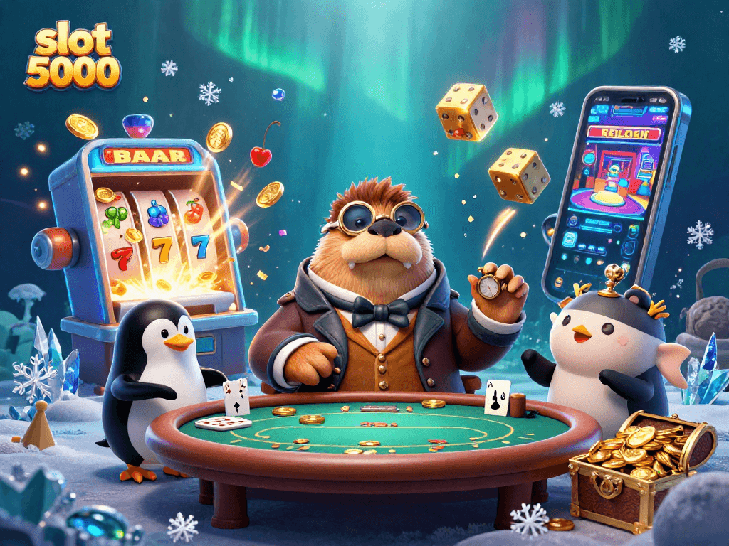 Engage with slot 5000 fun featuring a walrus, penguin dealer, and pufferfish at a lively casino scene.