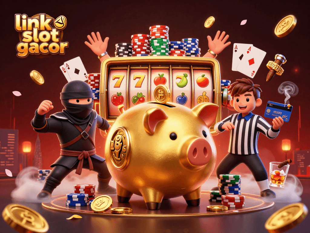 Experience the thrill at link slot gacor with a dynamic scene of a golden piggy bank sumo wrestler surrounded by rich casino elements.