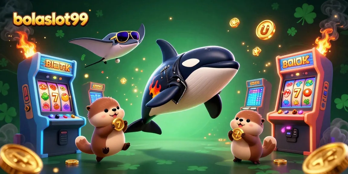 Experience thrilling wins with bolaslot99 as sea creatures surround colorful slot machines in this vibrant casino scene.