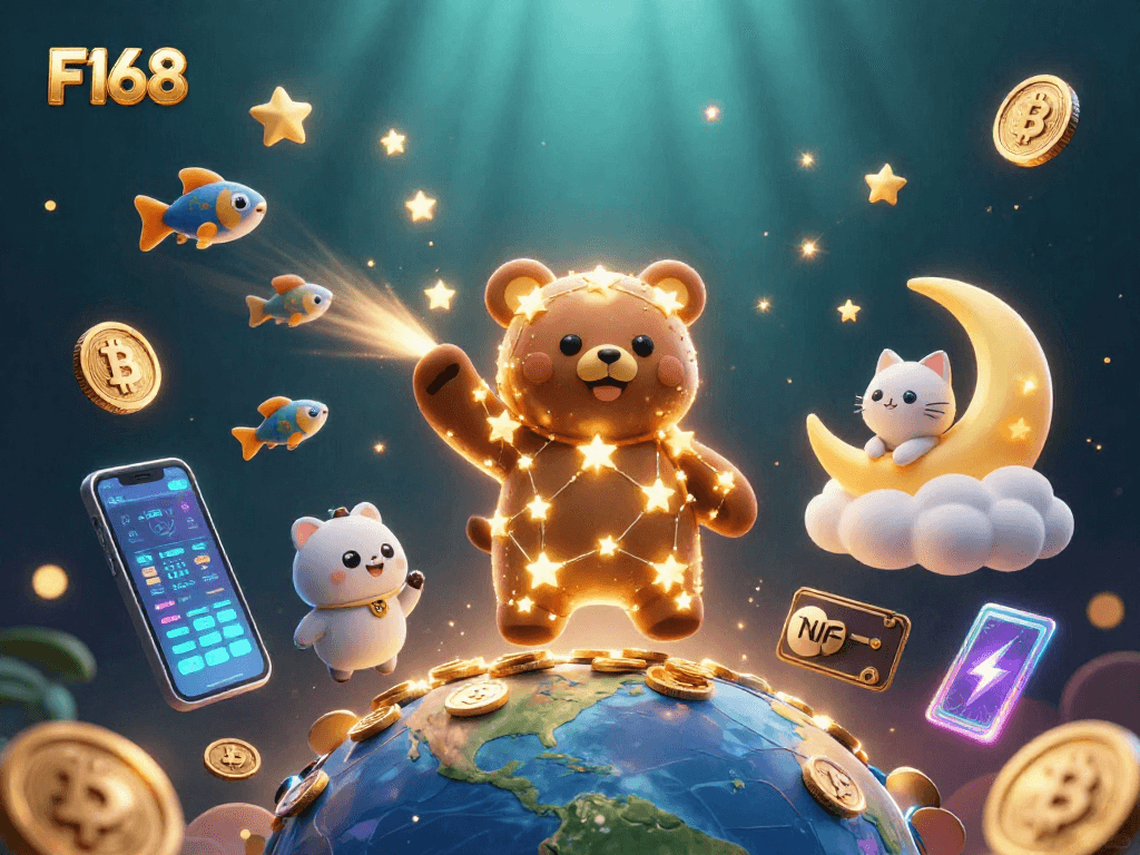 Experience exciting wins with F168 in a vibrant, animated casino-themed scene with dazzling characters.