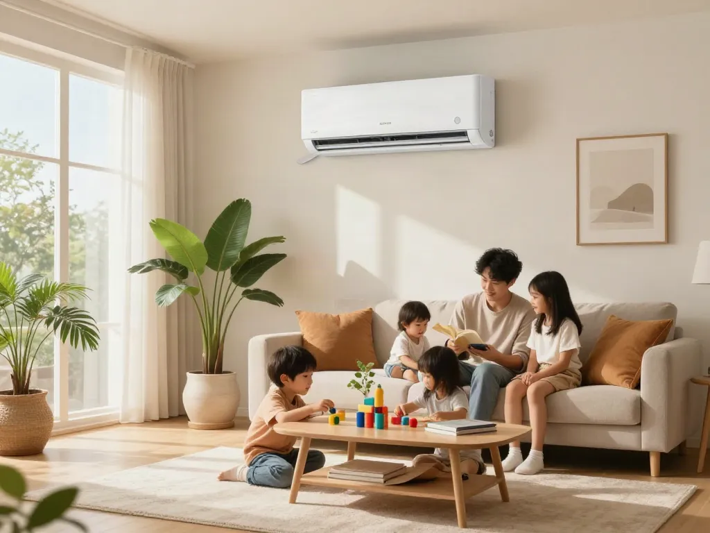 Modern living room featuring a mini split air conditioner, family enjoying quality time together, bright natural lighting.