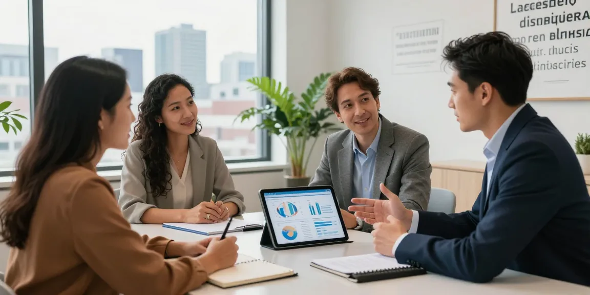 Engaging financial planner assisting clients with RRSP planning Montreal in a modern office.