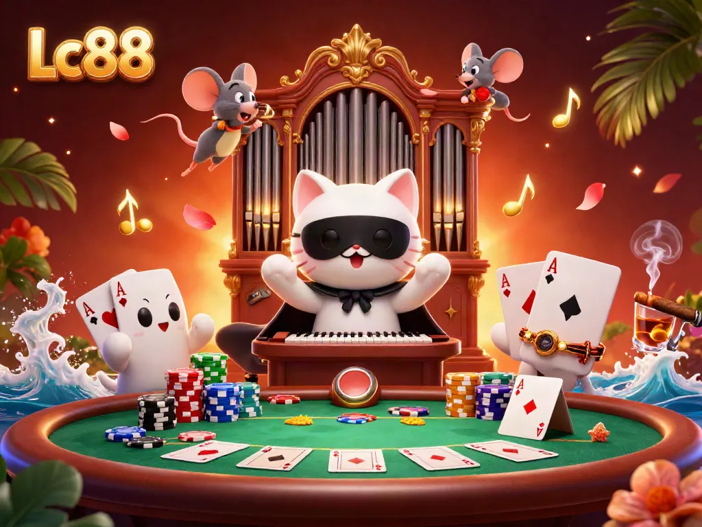 Experience exciting poker action with Lc88 as a phantom cat plays the organ amidst glowing chips.