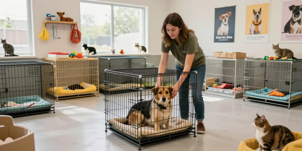 Pet rescue cages in use at a shelter, highlighting safety and comfort for rescued animals.