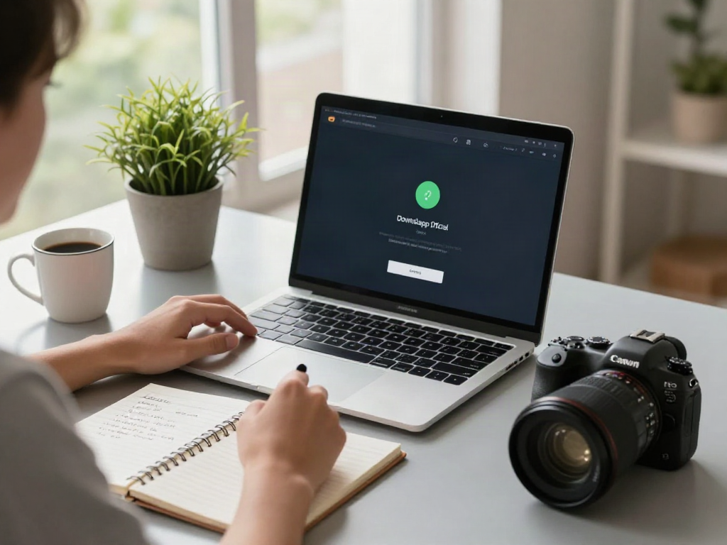 Person downloading GBWhatsApp official in a modern home office setting.