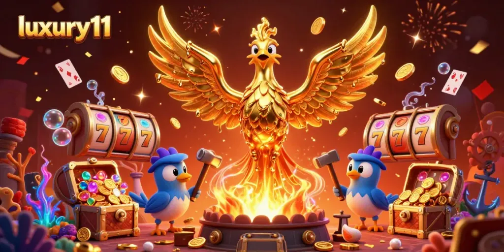 Experience excitement with luxury111 in a vibrant 3D casino illustration of winning slots and golden treasures.