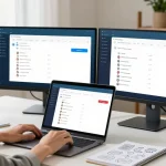 Person using Telegram Web Version in a modern home office with tech gadgets and a bright ambiance.