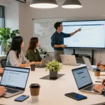 Dynamic office collaboration showcasing WPS Official Website on screens and teamwork.