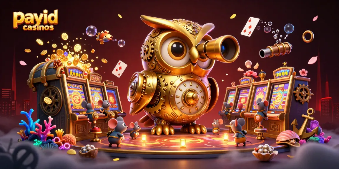 Experience payid casinos with a vibrant illustration of a cartoon owl scanning a busy gaming floor.