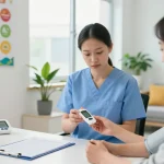 Patient learning to use a blood glucose meter with a nurse in a welcoming clinic environment.