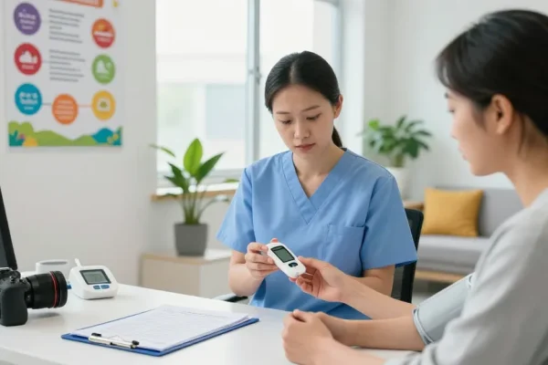 Patient learning to use a blood glucose meter with a nurse in a welcoming clinic environment.